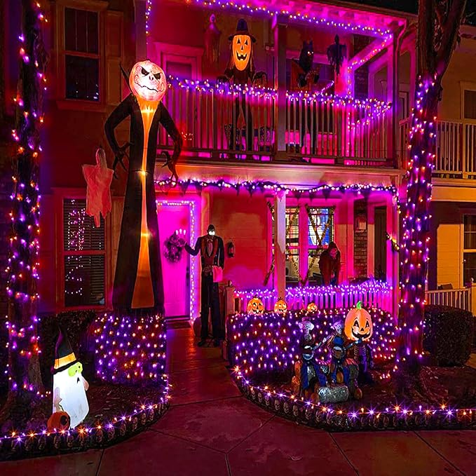 Vivideal 300 LED Halloween Lights Outdoor, 100ft Halloween String Lights Indoor Clear Wire 8 Modes Waterproof Plug in Christmas Light for Tree Party Garden Decorations, Purple&Orange