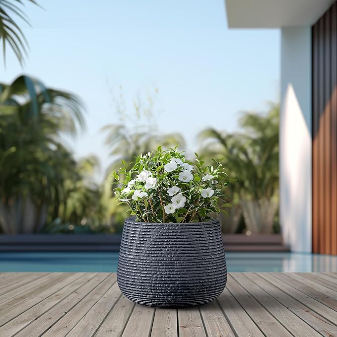 Kante 18.1" Dia Round Fluted Planter with Surface Indentations, Large Flower Pot with Drainage Hole for Indoor & Outdoor Plants, Charcoal Finish with Warm Brown Interior