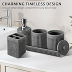 8-Piece Grey Bathroom Set - Resin Bathroom Accessories Sets Complete with Shower Curtain and Rugs, Soap Dispenser, Toothbrush Holder, Tumbler & Apothecary Jars