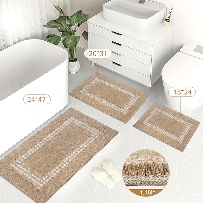 Beige Bathroom Rugs 18x24, Non Slip Washable Bath Mats,Super Soft Microfiber Bathroom Mats, Plush Fluffy Absorbent Bath Rugs for Sink Tub Basin Shower Floor