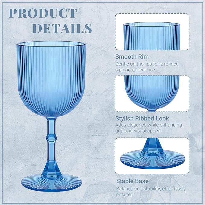 Plastic Wine Glasses 9oz Set of 24, Blue Ribbed Vintage Goblets Unbreakable Reusable BPA-Free Stemmed Drinking Glasses for Parties, Weddings & Events