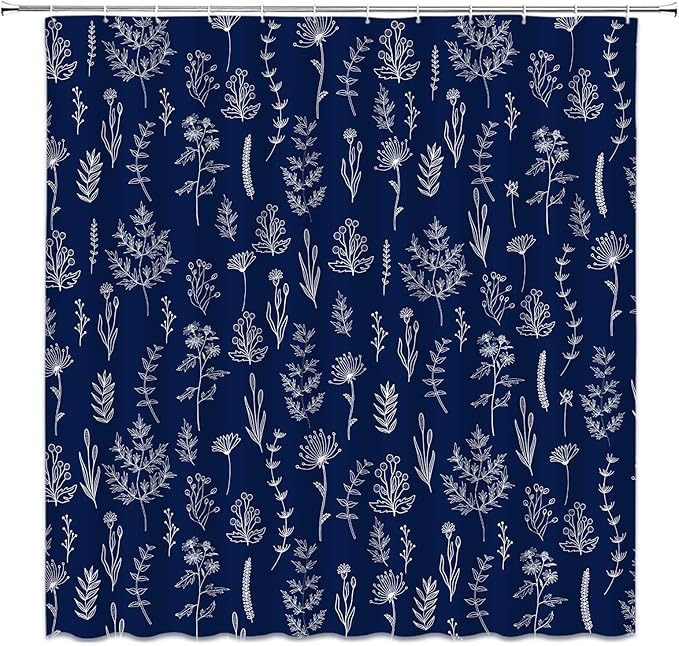 Navy Blue Floral Shower Curtain Rustic Flower Farmhouse Plant Cute Leaves Retro Botanical Vintage Bathroom Curtain Set with Hooks(91" Wx70 H)