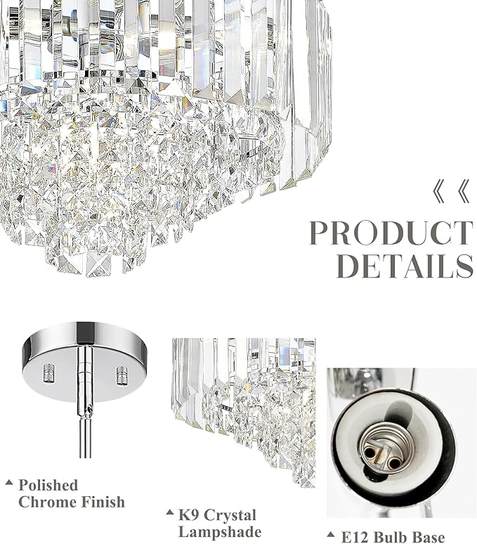 15'' Crystal Chandelier, 5-Tier Modern Chandelier with Polished Chrome Finish, Pendant Light for Dinning Room Kitchen Island Bedroom Entryway, CC4215-5W-PC