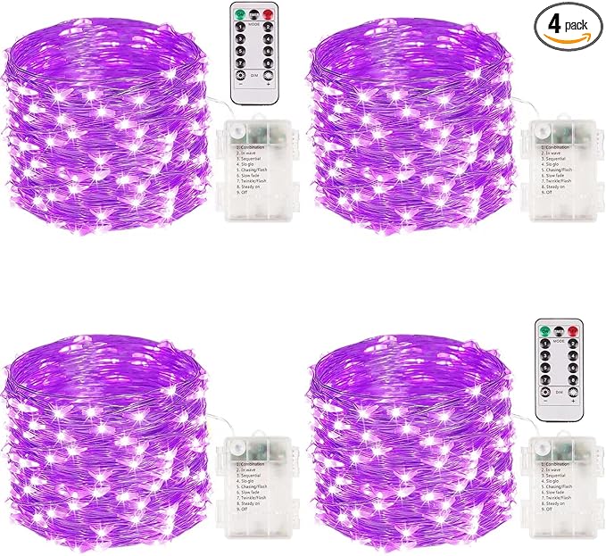 4 Pack 100 LED Halloween Fairy Lights Battery Operated with Remote, 33FT Waterproof Twinkle Lights with Timer & 8 Modes, Fairy String Light Outdoor Indoor for Bedroom Classroom DIY Decor (Purple)
