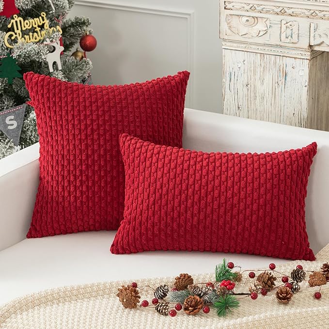Kevin Textile Christmas Corduroy Decorative Throw Pillow Covers 24x24 Inch Pack of 2 Soft Boho Striped Pillow Covers Modern Farmhouse Home Decor for Sofa Living Room Couch Bed Burgundy