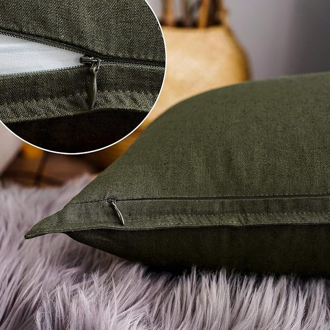 Jeanerlor Cotton Linen Square Decorative Throw Pillow Case Cushion Cover with Twin Needles Stitch on Edge, 12"x20"(30 x 50cm), 2 Pcs, Olive Green