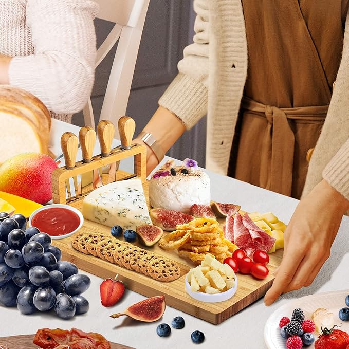 Bamboo Cheese Board Set - Charcuterie Boards and Serving Meat Platter, Cheese Tray with 4 Stainless Steel Cheese Knives Cutting Board Platter, Ideal for Halloween, Wedding, Christmas Gifts