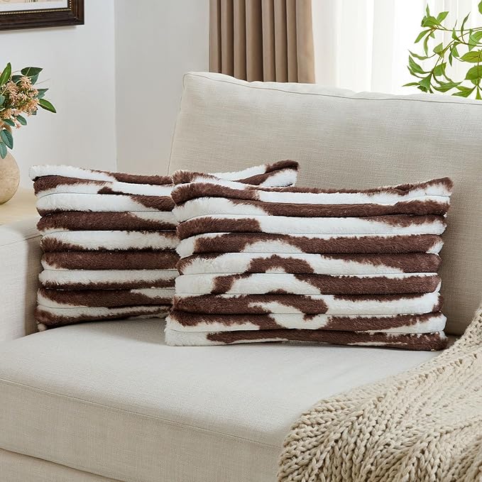 FUTEI Dark Coffee Decorative Throw Pillow Covers 12x20 Inch Set of 2, Soft Tie-Dye Faux Rabbit Fur Striped Texture Pillow Case, Modern Home Decor for Couch Bed Living Room