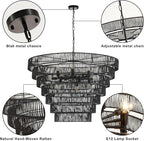 39.4“ Large Black Rattan Chandelier Vintage Farmhouse 15-Lights Boho Hand-Woven Bamboo Chandeliers Light Fixture Rustic Drum Wicker Chandelier for Dining Room, Living Room, Kitchen Island, E12