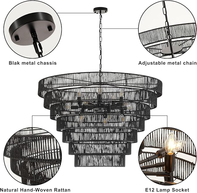 39.4“ Large Black Rattan Chandelier Vintage Farmhouse 15-Lights Boho Hand-Woven Bamboo Chandeliers Light Fixture Rustic Drum Wicker Chandelier for Dining Room, Living Room, Kitchen Island, E12