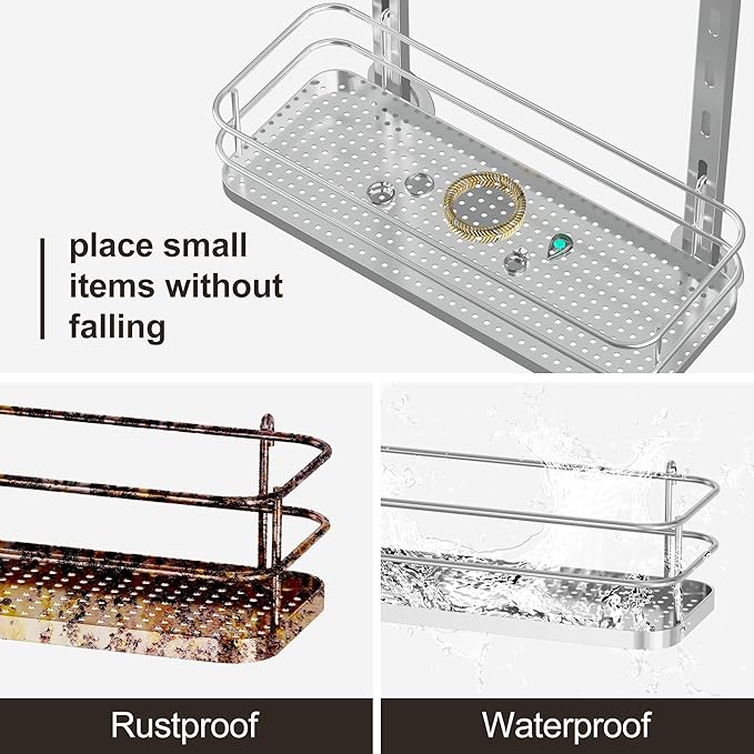 Orimade Adjustable Hanging Over the Shower Door Caddy,Bathroom Organizer Shelf Storage with 4 Hooks for Razor,No Drilling Rustproof Shower Rack Basket, 4 Tier, Silver