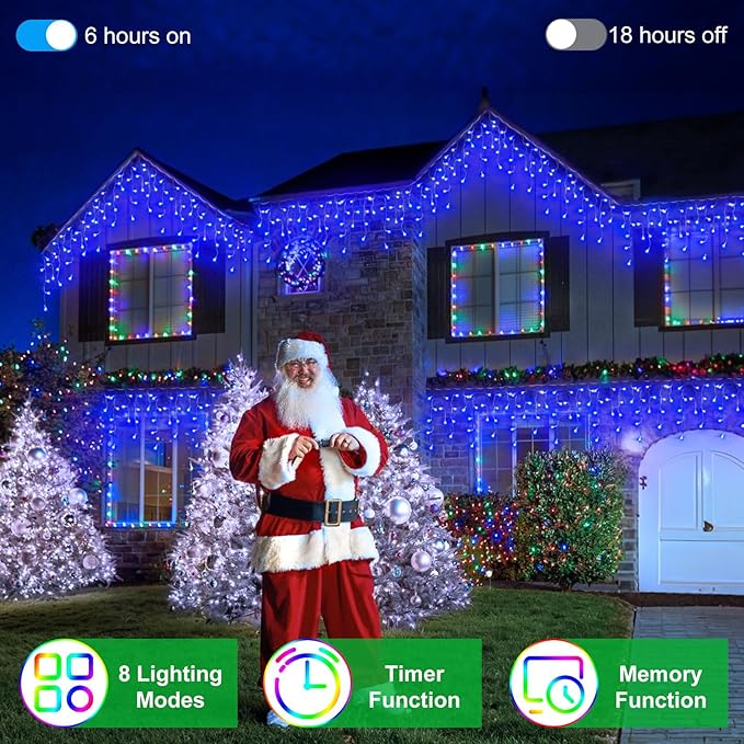 82ft 792 LED 176 Drops Christmas Lights, Outdoor Hanging lights with 8 Modes and Timer Memory, Plug In Outside Waterproof Curtain String Lights for House Fence Tree Holiday Party Decorations (Blue)