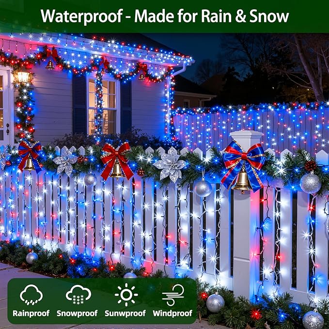 750 LED 240FT Christmas Lights Outdoor,12 Lighting Modes Christmas String Lights with Timer, Dimmable Plug in Red White and Blue LED StringLights Waterproof for Yard Tree Wedding Party Holiday