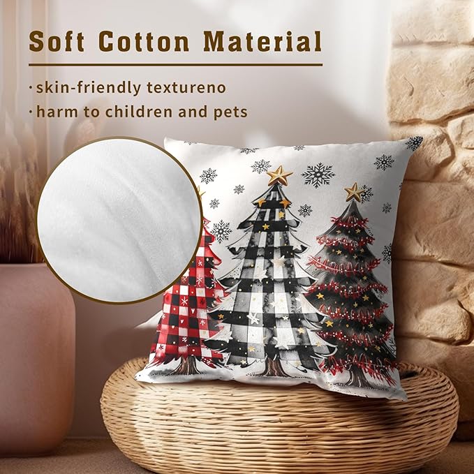 Christmas Tree Throw Pillow Covers 20x20 Set of 2, Red Black Buffalo Plaid Snowflakes Winter Holiday Farmhouse Pillowcases Cushion Cover for Couch Sofa Chair Living Room Bedroom
