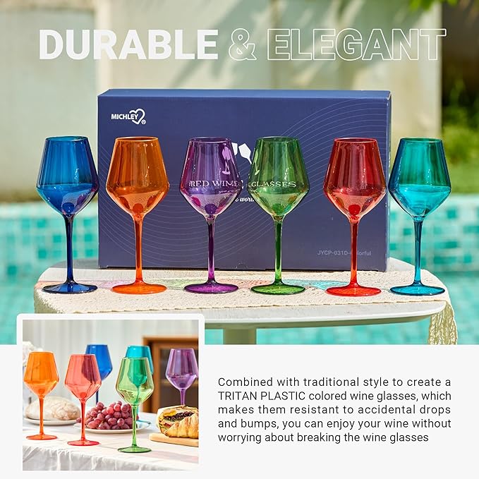 MICHLEY Colored Wine Glasses Set of 6 Long Stem Red White Tritan-Plastic Glassware Gift 15oz for Outdoor Home Party, Purple