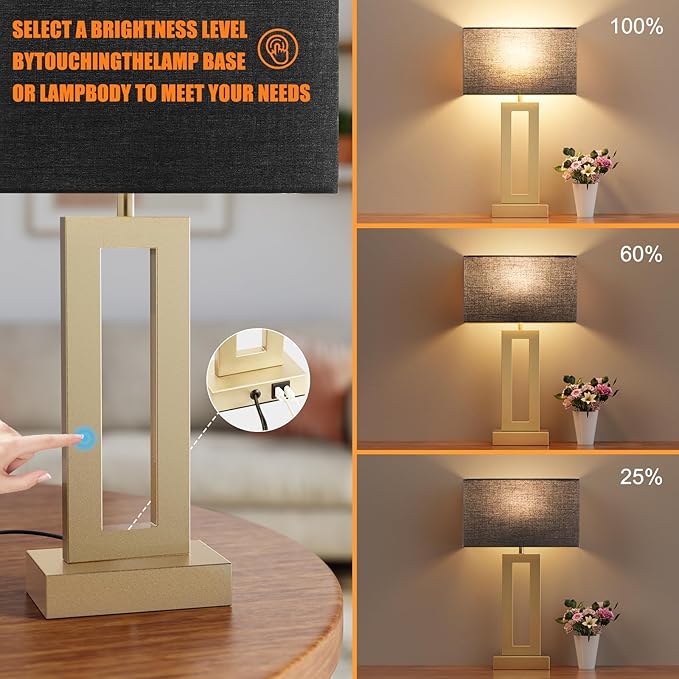 Nightstand Table Lamps for Bedrooms Set of 2 - Touch Bedside Lamp with USB C+A, 3 Way Dimmable Living Room Lamps for End Tables Set of 2(Black&Gold)