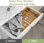 Suli Large Silverware Drawer Organizer，Adjustable Kitchen Flatware for Forks Knives and Spoons， Bamboo Cutlery Utensil Holder,Expandable from 12in-37in，Natural Bamboo