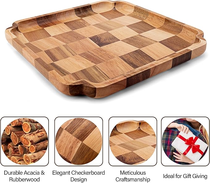 Wood Serving Trays - Set of 2 Square Serving Platters, Wooden Decorative Board Charcuterie Boards for Serving Breakfast Dinner Appetizers Coffee BBQ Party (1 x 9.6 in, 1 x 7.8 in)