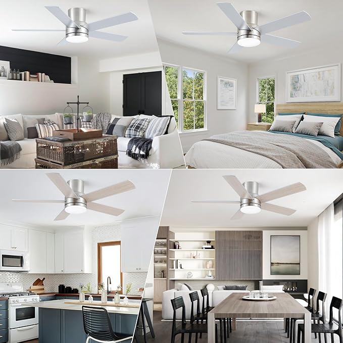 YUHAO 44 Inch Flush Mount Brushed Nickel Ceiling Fan with Light and Remote Control.Noiseless,Dimmable,3CCT,6 Speeds Reversible, Low Profile DC Ceiling Fans for Indoor Use