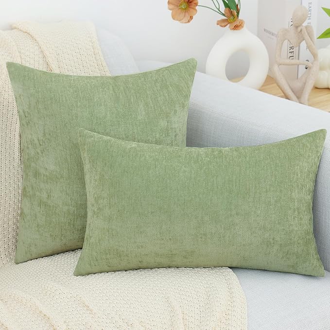 decorUhome Chenille Sage Green Throw Pillow Covers 12x20 Inch Set of 2, Decorative Soft Couch Pillow Covers Solid Dyed Accent Velvet Farmhouse Neutral Rectangle Pillow Cases for Sofa Bed Living Room