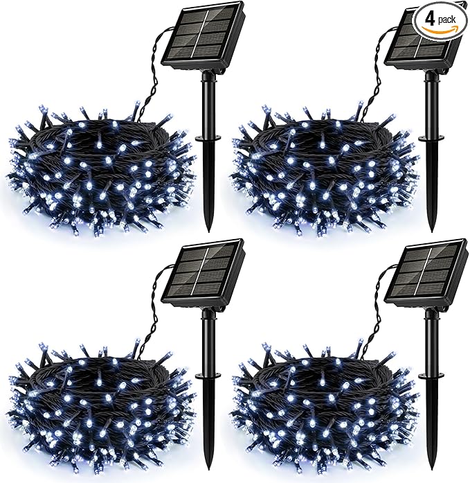 4Pack Solar String Lights for Outside, 400 LED Solar Christmas Lights Outdoor Waterproof with 8 Modes Solar Fairy Lights for Xmas Tree Party Wedding Garden Fence Decorations (White)
