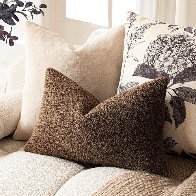 Foindtower Pack of 2, Curly Faux Fur Decorative Throw Pillow Covers Soft Fuzzy Plush Cushion Case with Zipper Cozy Pillowcase for Home Living Room Couch Bed Sofa 12 x 20 Inch,Dark Brown