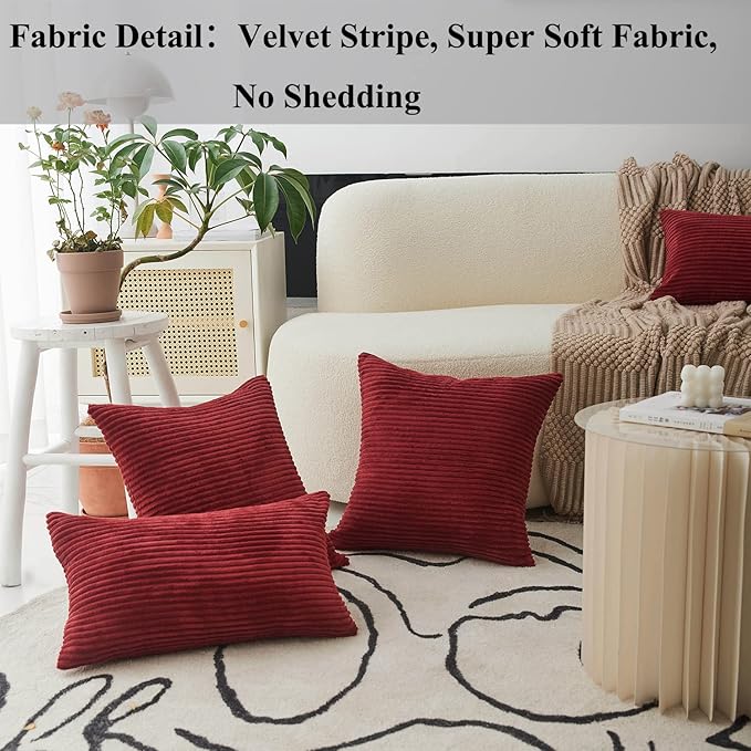 Home Brilliant Red Pillow Covers for Bed Decorative Throw Pillows for Christmas Couch Bed Set of 2 Striped Velvet Indoor Pillow Covers, 55x55cm, 22 x 22 Inch, Burgundy