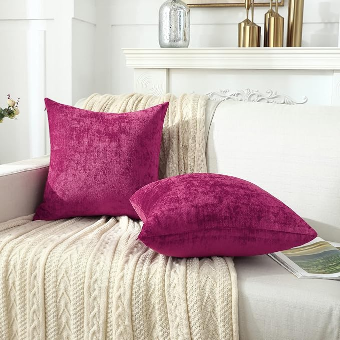Jeneoo Fuschia Pink Decorative Throw Pillow Covers Soft Chenille Comfy Solid Couch Cushion Case Decor (Set of 2, 14 x 14 Inches)