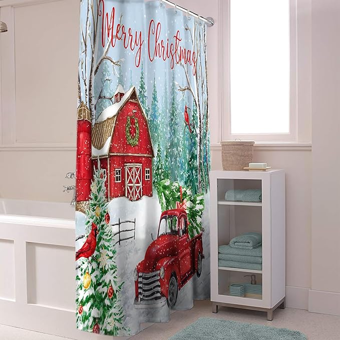 Vandarllin Red Truck Christmas Shower Curtain, Merry Christmas Farmhouse Shower Curtains Set with Hooks, Winter Xmas Tree Waterproof Fabric Bathroom Curtains Decor Home Accessories,Stall 36 X 72 Inch