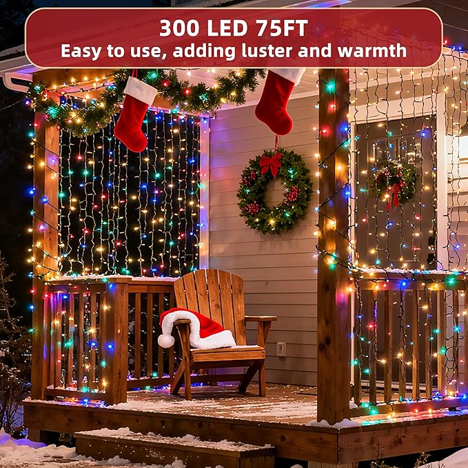 300 LED Outdoor Christmas Lights 75ft, 12 Lighting Modes Indoor String Lights Dimmable & Timer Memory, Outsite Waterproof Tree Lights for Xmas Garden Wedding Party Holiday Decorations Multicolor