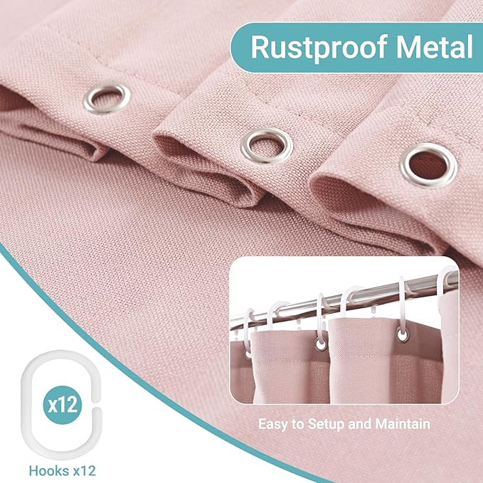 Linen Shower Curtain with 10 Hooks Modern Heavy Duty Washable Fabric Curtain Set Waterproof Thick Cloth Shower Curtains for Bathroom Bathtub Washable, W60*L70, Pink