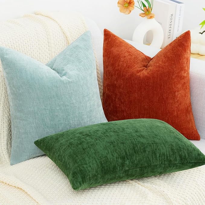 decorUhome Chenille Rust Fall Throw Pillow Covers 20x20 Inch Set of 2, Decorative Soft Couch Pillow Covers Solid Dyed Accent Velvet Farmhouse Neutral Square Pillow Cases for Sofa Bed Living Room