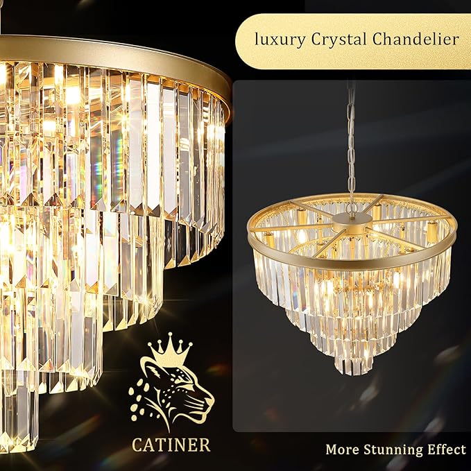 Gold Crystal Chandeliers 24” Modern Large Chandeliers Luxury 4-Tier 12 Lights K9 Crystal Round Ceiling Pendant Light Fixture Contemporary for Dining Room Foyer Staircase Living Room
