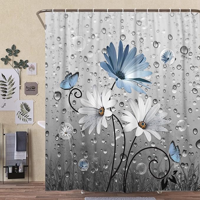 Rustic Farmhouse Blue Floral Shower Curtain, Farm Daisy Flowers and Butterfly Shower Curtain for Bathroom, Country Blue Gray Fabric Boho Shower Curtain Set with 12PCS Hooks, 70X70IN