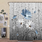 Rustic Farmhouse Blue Floral Shower Curtain, Farm Daisy Flowers and Butterfly Shower Curtain for Bathroom, Country Blue Gray Fabric Boho Shower Curtain Set with 12PCS Hooks, 60X70IN