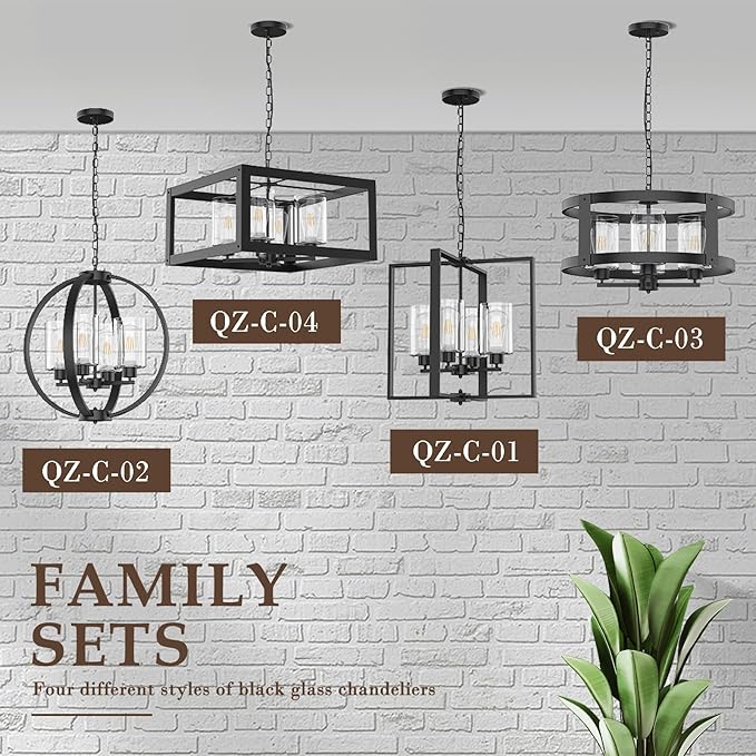 4-Light Black Chandelier Light Fixture, 18in Farmhouse Dining Room Chandeliers with Glass Shade Globe Lighting Fixtures Modern Pendant Lamp for Kitchen Island Entrance Foyer Living Room