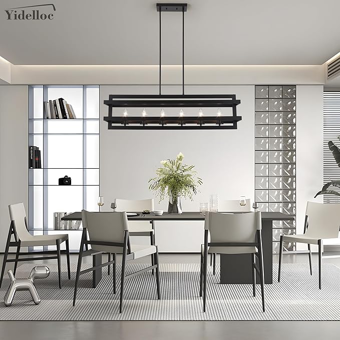 Black Chandeliers Rectangle Pendant Lights Kitchen Island Farmhouse Fixture Lights Cage 6-Lights Modern for Dining Room Living Room
