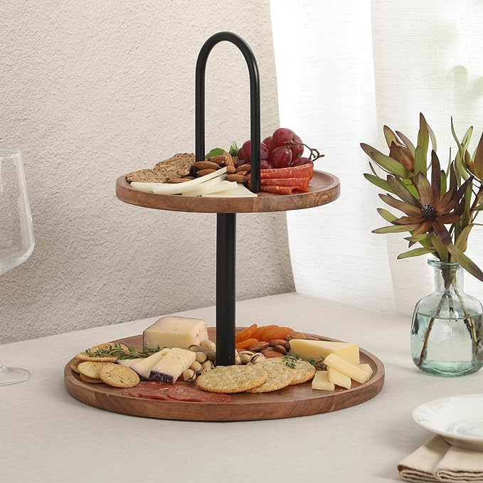 Gibson Home Gracious Dining 2-Tier Round Acacia Wood Serving Tray – Rustic Charcuterie Board Stand with Black Iron Handle – Tiered Party Platter, Dessert Display or Lazy Susan for Entertaining