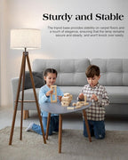 ELYONA Tripod Floor Lamp with Table, Mid Century Wood Shelf Standing Light Modern Tall Floor Lamp with Linen Shade for Living Room Bedroom Office,Dark Brown, 3 Color Temperatures LED Bulb Include