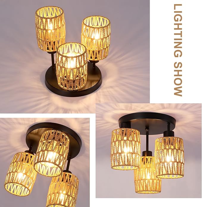 Boho Rattan Ceiling Light Fixture, Mini Rattan Chandelier Lighting Fixture, Hand Woven Ceiling Light Fixtures for Hallway Bedroom Kitchen Entryway Living Room (Brown)