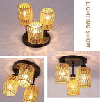 Boho Rattan Ceiling Light Fixture, Mini Rattan Chandelier Lighting Fixture, Hand Woven Ceiling Light Fixtures for Hallway Bedroom Kitchen Entryway Living Room (Brown)