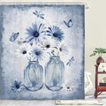 Rustic Farmhouse Blue Floral Shower Curtain, Light Blue Daisy Flowers Butterfly Dragonfly on Abstract Aesthetic Country Wooden Boho Shower Curtain Set, White Bathroom Accessory Sets with Hooks, 60X70