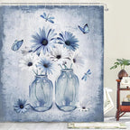 Rustic Farmhouse Blue Floral Shower Curtain, Light Blue Daisy Flowers Butterfly Dragonfly on Abstract Aesthetic Country Wooden Boho Shower Curtain Set, White Bathroom Accessory Sets with Hooks, 47X64