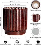 Ceramic Flower Pots - 9.6 Inch Ceramic Pots for Plants Indoor, Large Decorative Plant Pot with Drainage Hole, Fluted Round Planter for Outdoor Plants, Home Decor, Gardening Gifts, Red