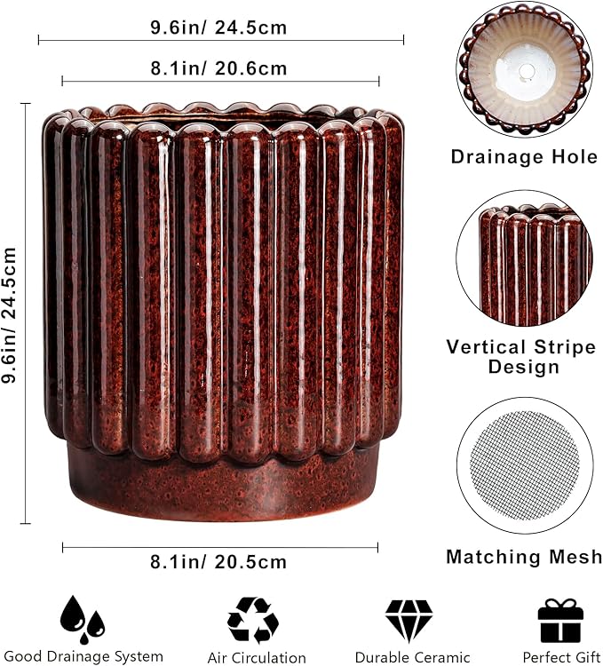 Ceramic Flower Pots - 9.6 Inch Ceramic Pots for Plants Indoor, Large Decorative Plant Pot with Drainage Hole, Fluted Round Planter for Outdoor Plants, Home Decor, Gardening Gifts, Red