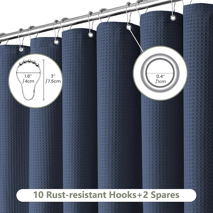 Inhousolu Fabric Shower Curtain Waffle Weave, Navy Blue 230 GSM Heavy Duty, Weighted Hem, 12 Metal Hooks, Water Repellent, Machine Washable, Hotel Spa Luxury Bath Curtain Set, 60 x 72 Inch