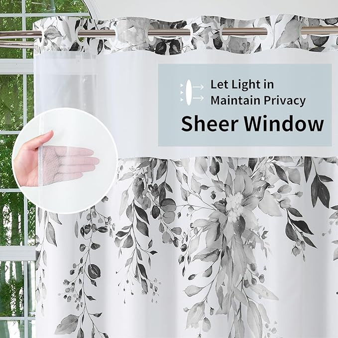QiyI No Hook Shower Curtain with Snap in Fabric Liner, Grey Eucalyptus Shower Curtain with See Through Top Window, Waterproof Washable Cloth Ringless Shower Curtain Set for Bathroom, 36 x 75