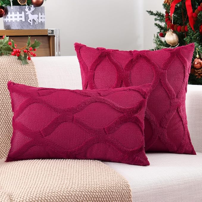 decorUhome Christmas Throw Pillow Covers 16x16 Inch Set of 2, Soft Plush Faux Fur Wool Burgundy Couch Pillow Covers, Decorative Neutral Pillow Cases for Bed Sofa Living Room Home Decor
