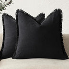 Foindtower Set of 2 Decorative Linen Fringe Throw Pillow Covers Cozy Boho Farmhouse Cushion Cover with Tassels Soft Accent Pillowcase for Couch Chair Sofa Bed Living Room Home Decor,18×18 Inch,Black