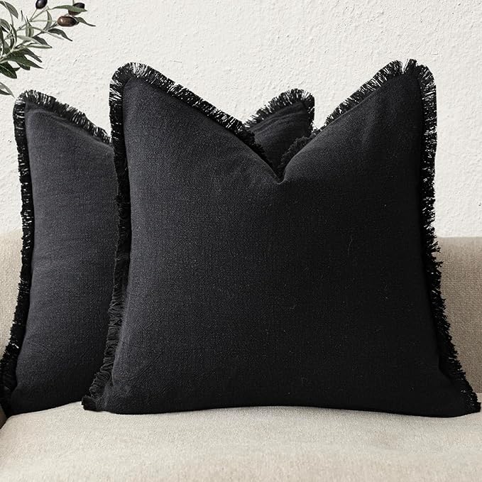 Foindtower Set of 2 Decorative Linen Fringe Throw Pillow Covers Cozy Boho Farmhouse Cushion Cover with Tassels Soft Accent Pillowcase for Couch Sofa Bed Living Room Home Decor, 16×16 Inch, Black